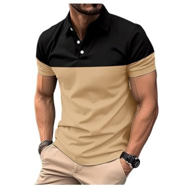 Imagem de Camisa polo masculina elástica colorida bloqueada fresca secagem rápida manga curta versátil esportiva, Amarelo claro, 3G