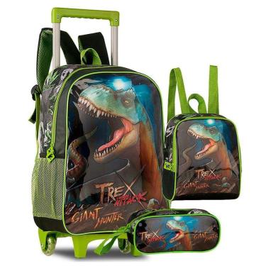 Imagem de Mochila De Rodinhas + Lancheira + Estojo T Rex Attack Verde