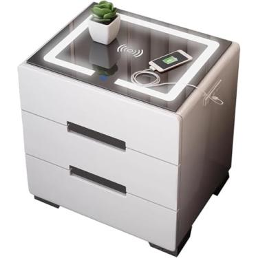 Imagem de Mesa de cabeceira, mesa de cabeceira com estação de carregamento e portas USB, mesa lateral de 3 camadas com gaveta de armazenamento e prateleira, mesas de cabeceira rústicas para quarto, sa