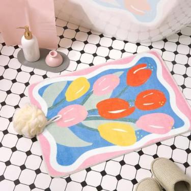 Imagem de CDHZYQ Tapetes de banheiro florais tapete de banho tulipa tapetes de banho engraçados para banheiro tapete de chuveiro macio entrada interior exterior tapete (61 x 91 cm)