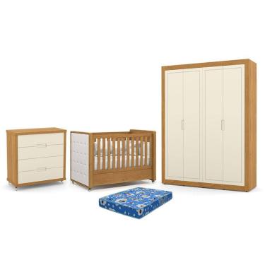 Imagem de Dormitório Tutto New 4 Portas, Cômoda 4 Gavetas e Berço com Capitonê e Colchão Physical - Matic Móveis