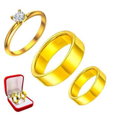 Imagem de Par Alianças Casamento 6mm Reta Ouro 18k + Anel Solitário Zirconia Bra