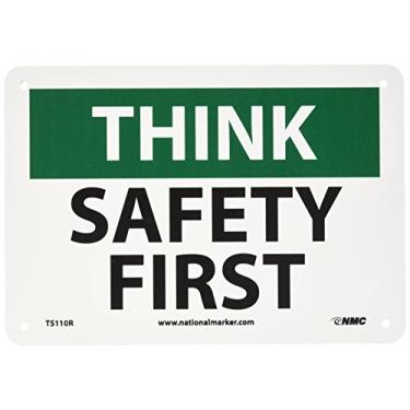 Imagem de NMC Placa TS110R OSHA, legenda "THINK - SAFETY FIRST", 25,4 cm de comprimento x 17,8 cm de altura, plástico rígido, preto sobre branco
