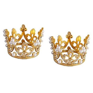 Imagem de 2 peças mini princesa pérola coroa tiara bolo cupcake toppers decoração de bolo para chá de bebê, aniversário, festa de princesa casamento nupcial (ouro), Metal