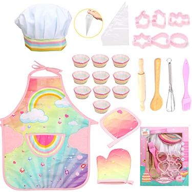 Imagem de GIFTRRTOY Conjunto De Culinária E Panificação Para Crianças Reais - Conjunto De Fantasias De Chef De Chef Infantil De 26 Peças Inclui Avental Arco-Íris, Chapéu De Chef, Luva De Cozinha, Utensílios, Mo