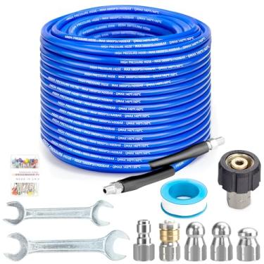 Imagem de Kit de jateador de esgoto flexível de 200 pés para lavadora de pressão, mangueira de limpeza de drenagem de 5800psi com rotação de canto Npt de 1/4 polegada e chave inglesa de bico de esgoto de nariz