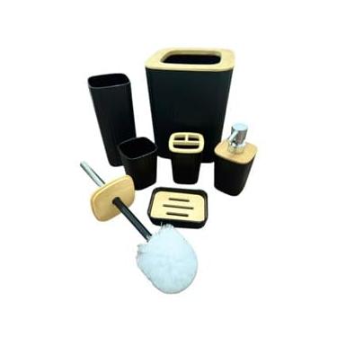 Imagem de Conjunto para Banheiro 6 Peças, Branco e Dourado, Kit Lavabo Moderno com Porta Sabonete, Escova, Lixeira (Preto Bambu)