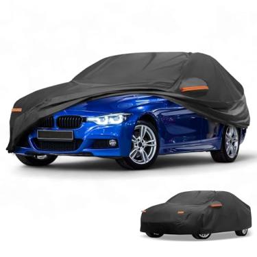 Imagem de Partuto Capa de carro à prova d'água para todos os climas, automotiva, externa, anti-UV, proteção contra chuva e sol, cobertura externa completa para BMW Série 1 Sedan 190T-PU preta com tiras