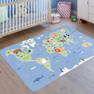 Imagem de Lacomfy Tapete infantil com mapa do mundo 3 x 5, tapete educativo, animais do oceano, tapete de brincar para meninos e meninas, antiderrapante, para quarto, sala de jogos, berçário, sala de aula, azul