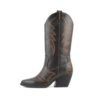 Imagem de Soda Shoes Stream ~ Botas femininas de bico fino, salto baixo, altura do joelho, Dk Brown PU, 35