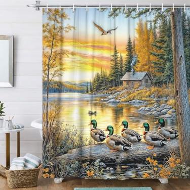 Imagem de Cortina de chuveiro de pato rústica, campo, patos selvagens, cabana de cabana, cenário natural de lago, caça, pássaro, animal, fazenda, acampamento, cortina de chuveiro, banheiro com ganchos, 70 x 170