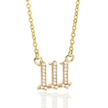 Imagem de Nayaboo Colar com número de anjo em ouro 14k, colar com pingentes delicados para mulheres, 111 222 333 444 555 666 777 888 999 corrente de número personalizada, Banhado a ouro, Zircônia cúbica