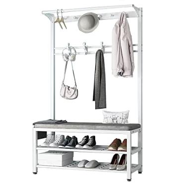 Imagem de Árvore de entrada 4 em 1 com banco de armazenamento, cabideiro com banco de sapatos, suporte de casaco com sapateira de 2 camadas e 10 ganchos para corredor de entrada, fácil de montar