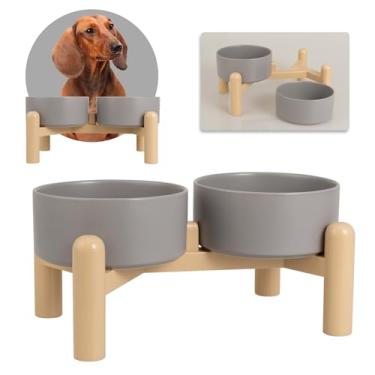 Imagem de Conjunto de 2 tigelas de cerâmica elevada para cães - Pratos duplos com suporte antiderrapante - Tigelas elevadas para comida e água - Ideal para cães pequenos a médios - cada uma comporta 2 xícaras