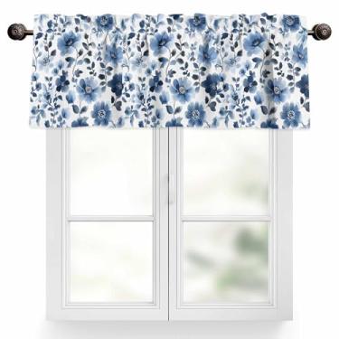 Imagem de Cortina para Janelas Flores Azuis Rod Pocket Valance Tratamentos de Janela Aquarela Primavera Cortinas Curtas para Cozinha Janelas Sala de Estar Quarto Decoração 106,66 x 30,5 cm