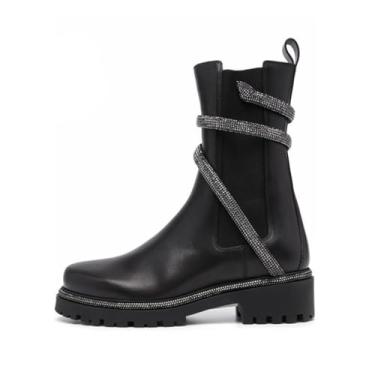 Imagem de keleimusi Botas femininas de combate Chelsea com enfeite de cristal e alças planas, Preto, 5