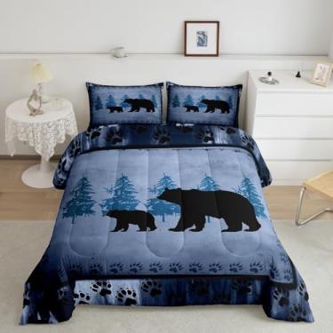 Imagem de Feelyou Conjunto de edredom para meninos e meninas, casa de fazenda, animais selvagens, rústico, família de urso, patas de urso, azul, conjunto de edredom para decoração de quarto, tamanho casal
