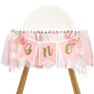 Imagem de Faixa floral rosa para cadeira alta de 1º aniversário - leve, lavar apenas à mão, 25,4 x 203,2 cm, melhor presente de aniversário para meninas/mulheres/bebês (flor um banner)