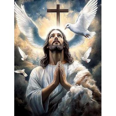Imagem de F-CANLAN Kit de pintura de diamante redondo completo 5D Jesus rezou arte de diamante cruz de Deus pintura de diamante por números Deus reze pintura de diamante para decoração de quarto adulto