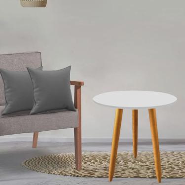 Imagem de Kit Mesa Lateral Madrid Pé Palito Branco e 2 Almofadas Com Enchimento Suede Cinza - Ahz...
