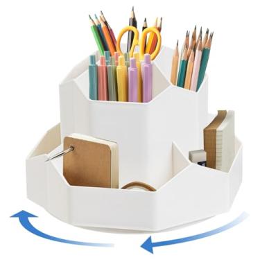Imagem de Porta-lápis giratório de plástico com 9 grades, multifuncional, suporte de pincéis de maquiagem de grande capacidade, organizador de artigos de papelaria para casa, escritório, bege