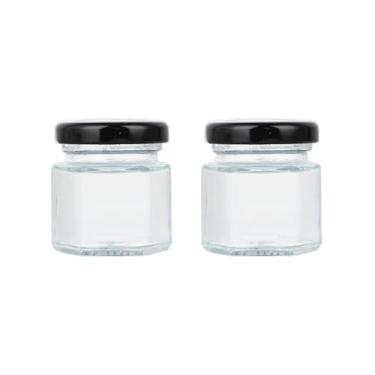Imagem de 2 minifrascos hexagonais de mel de 42,5 g com tampa preta, frascos de vidro para iogurte, potes de pudim de vidro, potes de pedreiro, potes de tempero, potes de conserva para geleia, vela de