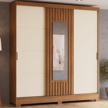 Imagem de Guarda Roupa 3 Portas Deslizantes com Aplique Ripado 2 Gavetas e Pés em Abs Espresso Móveis Marrom/Off White