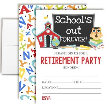 Imagem de Amanda Creation Convites de festa de aposentadoria para professores - 20 convites "School's Out Forever" com vinte envelopes brancos - Quadro-negro divertido e cartões de celebração temática escolar