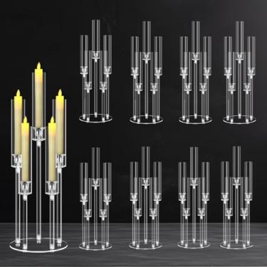 Imagem de 8 conjuntos de peças centrais de candelabro de acrílico com 5 braços para mesas, suporte de vela transparente para casamento, jantar de cerimônia, suportes de castiçal de 68,5 cm de altura com abajur