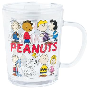 Imagem de Silver Buffalo Caneca de vidro de viagem Peanuts com Charlie Brown, Snoopy, Woodstock, Sally, Lucy, Linus, Schroeder, Franklin e Pig-Pen com tampa e alça com fecho deslizante, 400 ml