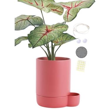 Imagem de BABALIU Vasos de cerâmica autoirrigáveis de 14 cm com corda de algodão absorvente, vaso de flores redondo cilíndrico para suculentas, ervas, violetas africanas, rosa, 1 pacote