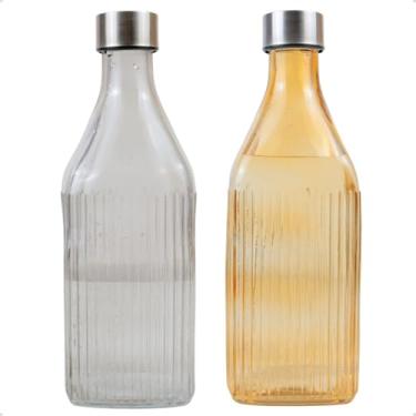 Imagem de Kit 2 Garrafas Quadrada De Vidro Canelado com Tampa 1l Colorida para Geladeira (Preta e Âmbar)