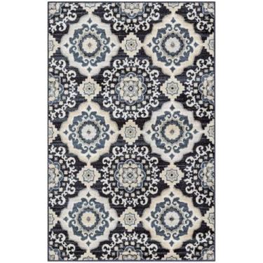 Imagem de Maples Rugs Camilla Tapete de área antiderrapante medalhão – Tapete lavável para entrada, hall de entrada, cozinha e banheiro [feito nos EUA], 6 x 3'10, creme/azul-marinho