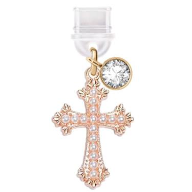 Imagem de ELISE & FONDA TP593 Porta de carregamento tipo C plugue antipoeira pequena cruz de cristal pingente de celular para iPhone 15/16/Samsung/OnePlus/Xiaomi/oppo telefones Android (dourado)