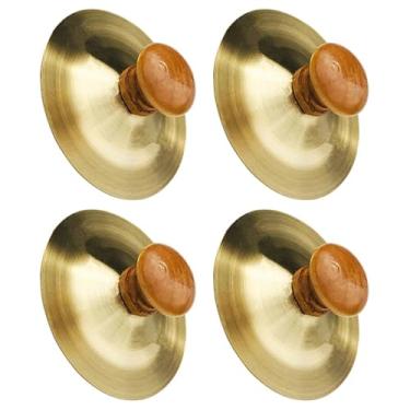 Imagem de ibasenice 4 peças de pratos de dedo com alças de madeira, pratos de banda de cobre, mini pratos de marcha, prato de mão, instrumento musical