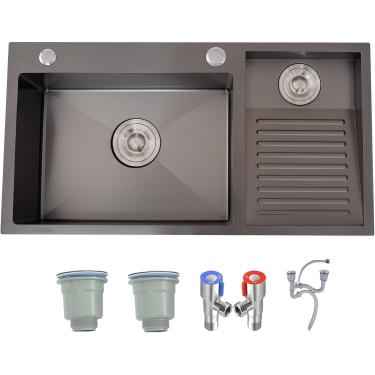 Imagem de Pia De Lavanderia Com Tábua De Lavar Sus 304 Pia De Banheiro De Aço Inoxidável, Bacia Dupla Embutida Lavatório De Tábua De Lavar Prata/Preto Vários Tamanhos Pisc, Black-r, 100x48cm