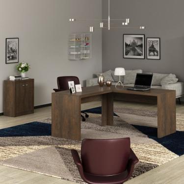 Imagem de Conjunto Home Office 2 Peças 1 Mesa Para Escritório Em L Com 1 Balcão 2 Portas Espresso Móveis Rústico