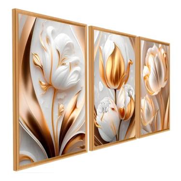 Imagem de 2025 Quadros Decorativos Flor Tulipa Branca Dourada 3 Peças Mosaico Sala Quarto Escritório (02, Tamanho 20x30 Centímetros)