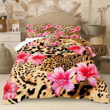 Imagem de Conjunto de edredom com estampa de leopardo, 4 peças, rosa, floral, preto, marrom, leopardo, guepardo, tigre, animal selvagem, flor vermelha, conjunto de quarto king