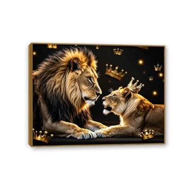 Imagem de SDYJ6GSW Quadro de teca Leão Casal Tela Arte de Parede Preto e Branco Leões Imagens Decoração de Parede Rei e Rainha com Coroa Dourada Pôster para Quarto Sala de Estar Casa 40 x 30 cm (16 x 12