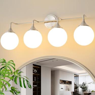Imagem de Ritakcdn Luminárias De Penteadeira Em Níquel Escovado, Iluminação Banheiro 4 Luzes Sobre O Espelho, Arandelas Parede Modernas Com Cúpulas Vidro Branco Leitoso