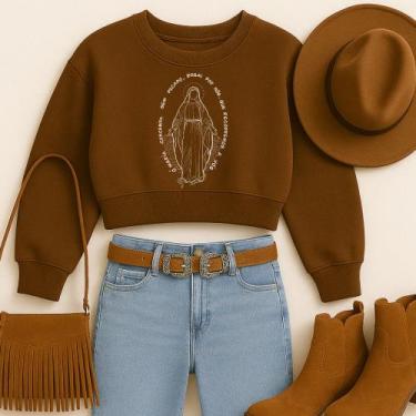 Imagem de Cropped Moletom Country Estampa Nossa Senhora das Graças Católica Mari