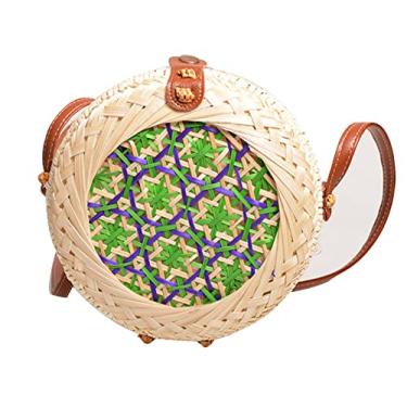 Imagem de SHAREYOIU Bolsas de ombro redondas de bambu tecidas à mão, estilo tropical de praia natural chique com alça de couro, nº 4 verde, Big，7.87x 3.2 inch