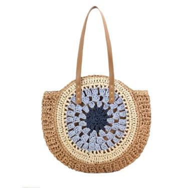 Imagem de SHAREYOIU Bolsa feminina redonda de palha, bolsa de ombro, bolsa de praia, bolsas de mão com alça superior, design vazado, Azul