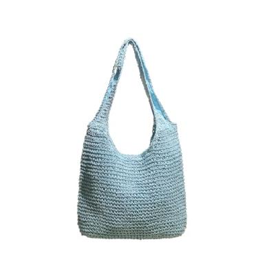 Imagem de SHAREYOIU Bolsa feminina de palha, bolsa de ombro de vime, bolsa de praia com alça superior e cor doce, Azul