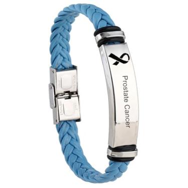 Imagem de Presente de câncer de próstata para homens e mulheres, pulseiras feitas à mão de couro azul claro para conscientização de câncer de próstata para sobreviventes de câncer presentes de hospital brindes