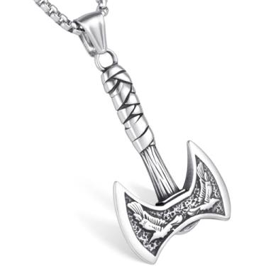 Imagem de LuxGoth Colar com pingente de machado viking de aço inoxidável com pingente gótico punk rock emo motociclista cosplay vintage odin machado pingente joia para homens mulheres prata GTS-N1D60003