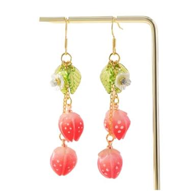 Imagem de Brincos de morango para mulheres, brinco de fruta, pingente de folha de flor, pingente de resina colorida, exclusivo, fofo, de frutas, presente de joias, Large, Liga de aço, Sem pedra preciosa