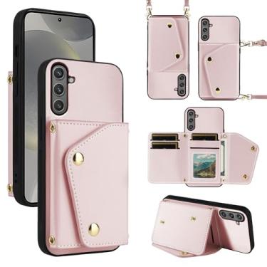 Imagem de Dibosom Capa carteira de luxo para Samsung Galaxy S24 FE 5G com bolsa fina e fina e alça de ombro, suporte de cartão de crédito de couro PU acessórios capa de celular para S 24 EF S24FE 24S ouro rosa