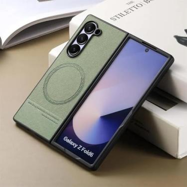 Imagem de Capa para Samsung Galaxy Z Fold6 com textura de tecido oblíqua magnética simples, capa protetora durável (para Samsung Galaxy Z Fold6/verde)